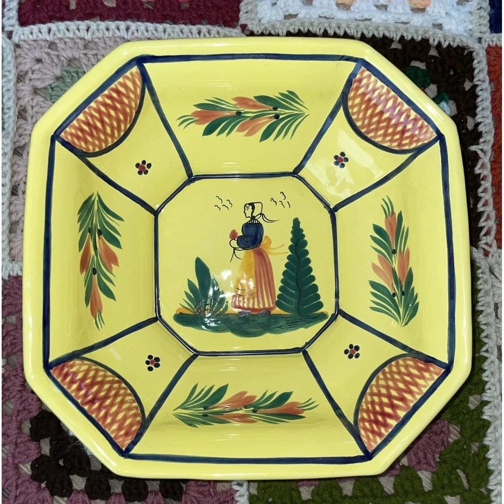 Quimper Octagonal Woman Serving Bowl‎ W/ Lattice  Soleil   11